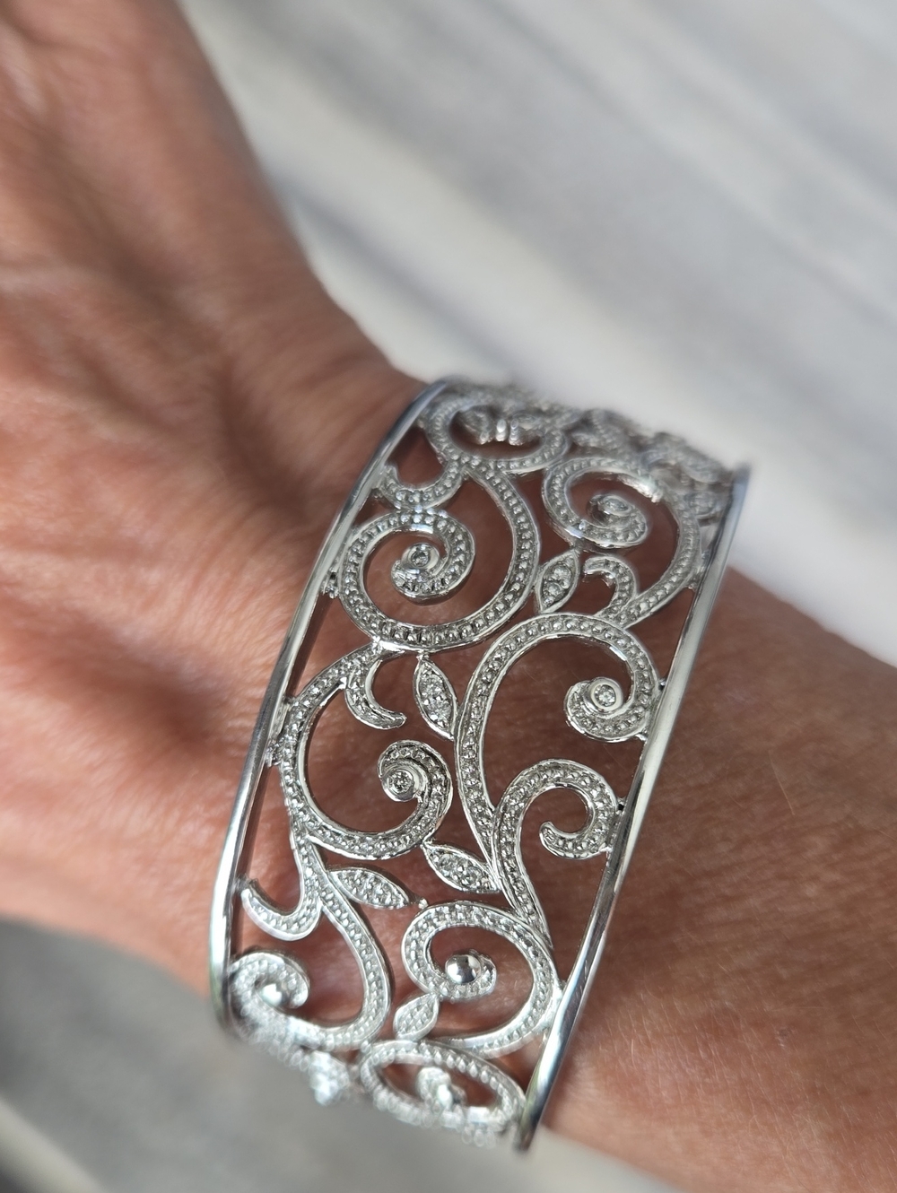 925 Sterling, Diamond, Filigree, Cuff Bracelet